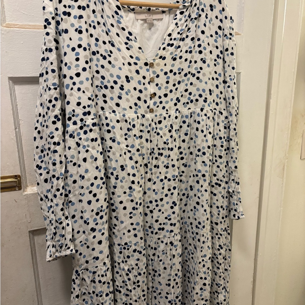 LOFT White and Blue Polka Dot Long Sleeve Dress